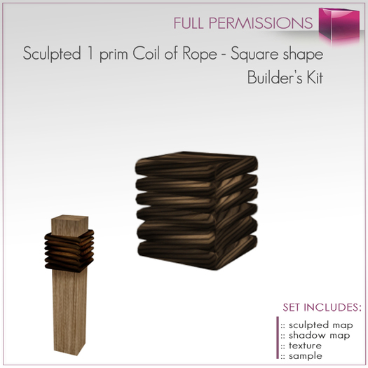 1 prim Sculpted Coil of Rope - Square shape - Rolled Rope Builder's Kit Set