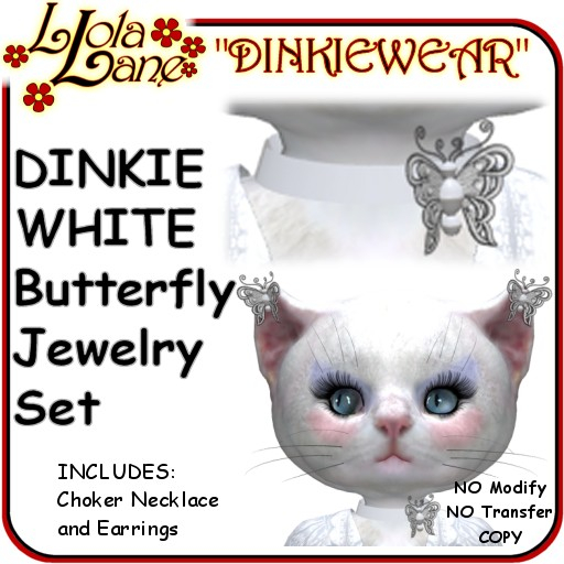 dinkie tiny DINKIEWEAR white BUTTERFLY EMBROIDERED necklace/choker earring Set