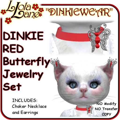 dinkie tiny DINKIEWEAR red BUTTERFLY EMBROIDERED necklace/choker earring Set