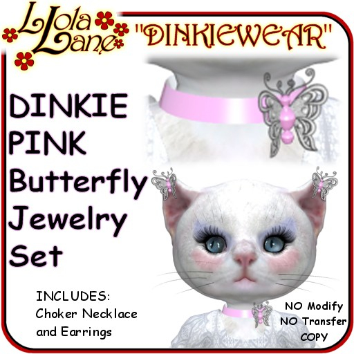 dinkie tiny DINKIEWEAR pink BUTTERFLY EMBROIDERED necklace/choker earring Set