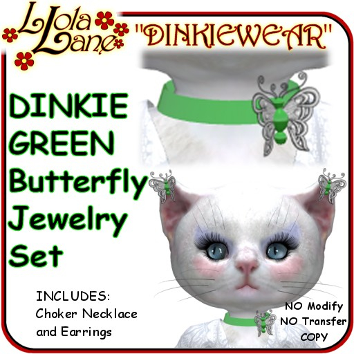 dinkie tiny DINKIEWEAR green BUTTERFLY EMBROIDERED necklace/choker earring Set