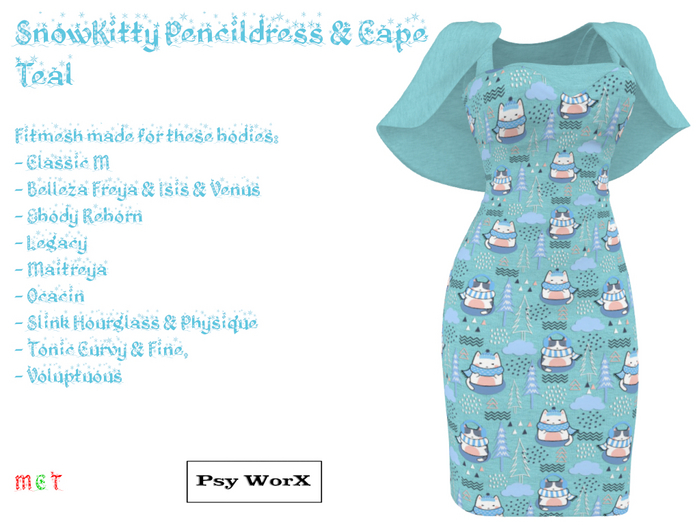 >Psy WorX Snowkitty PencilDress & Cape Teal DEMO