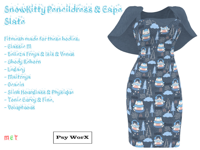 >Psy WorX Snowkitty PencilDress&Cape Slate DEMO