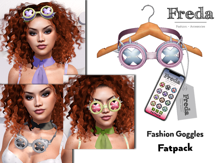 "Freda" Fashion Goggles incl. Resize Script, Fun Fantasy Glasses, non rigged for all kind of Avatars, incl. 12 col. HUD