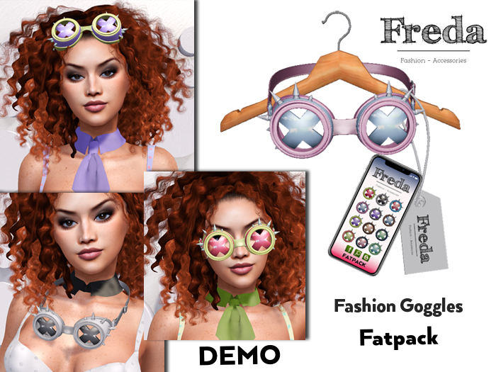 "Freda" DEMO Fashion Goggles w. Resize Script, Fun Fantasy Glasses non rigged for all kind of Avatars, incl. 12 col. HUD