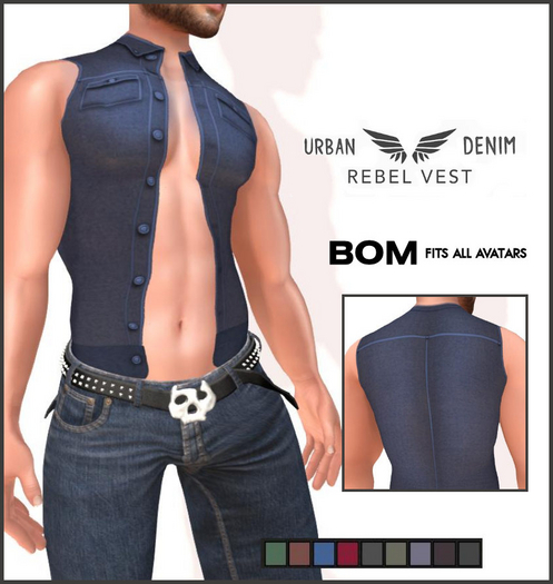 Men's Urban Denim Rebel Vest-Fatpack-BOM Bakes - Baked on Mesh Fits all Avatars-Legacy-Belleza-Classic-Kario-Signature