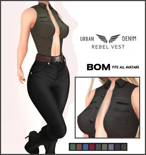 Women's Urban Denim Rebel Vest-Fatpack- BOM Bakes - Baked on Mesh Fits all Avatars-Legacy-Belleza-Classic-Maitreya-Slink