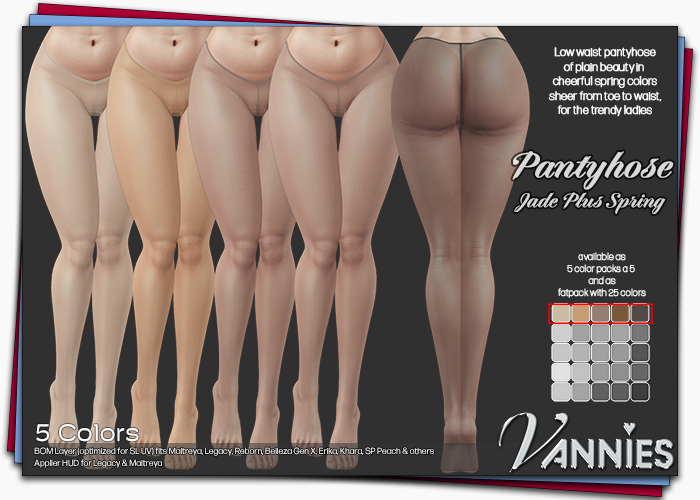 Gift, Free VANNIES Pantyhose Jade Plus Spring Color Pack 1-5 nude, beige, brown (BOM & Applier HUDs)