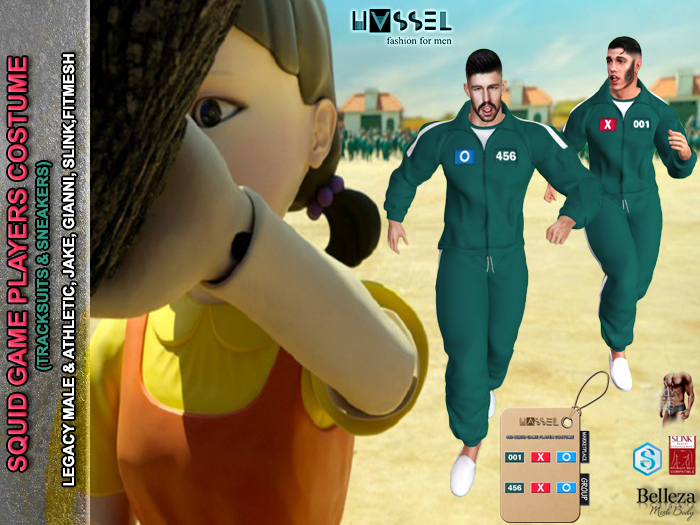 (HASSEL) PACK MEN'S SQUID GAME COSTUME PLAYERS UNIFORM LEGACY MALE, LEGACY ATHLETIC, JAKE, GIANNI, SLINK, FITMESH 469 