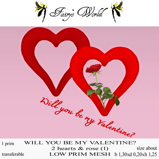 *Fairy`s World* WILL YOU BE  VALENTINE? 2 HEARTS RED&ROSE MESH