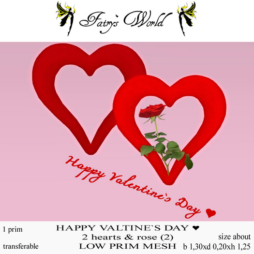 *Fairy`s World* HAPPY VALENTINE`S DAY 2 HEARTS RED&ROSE MESH