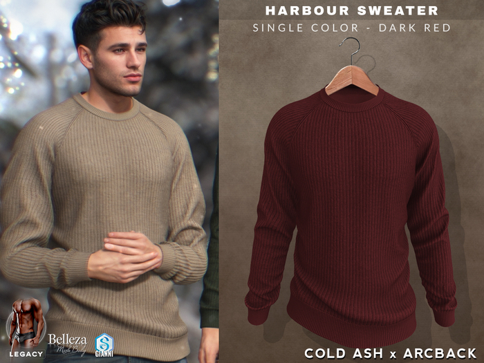 COLD ASH x ARCBACK. Mens HARBOUR Crew Sweater (DarkRed)