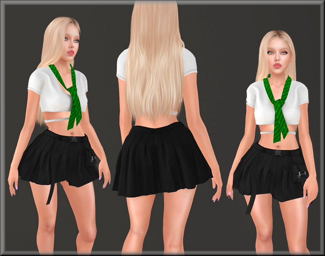Schoolgirl 3 Piece Outfit Complete Set-[White] Crop Top & Tie & Black Pleated Skirt with Belt Maitreya - Legacy - Slink
