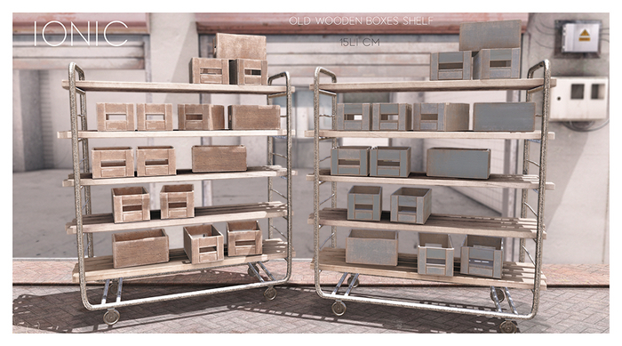 ionic :  Old wooden boxes shelf (Plain wood + Bue)