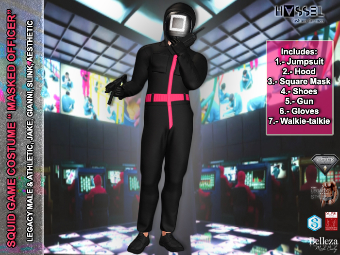 (HASSEL) MASKED OFFICER GUARD SQUID GAME UNIFORM COSTUME LEGACY MALE & ATHLETIC, JAKE, GIANNI, AESTHETIC, SLINK 470 