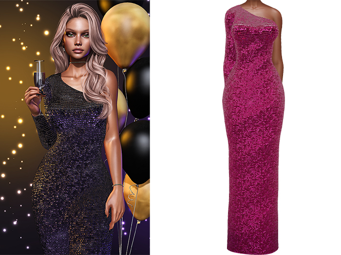 Gemma Gown [Sequin Dragonfruit Pink] - Maitreya LaraX • PetiteX • eBody Reborn Long Dresses
