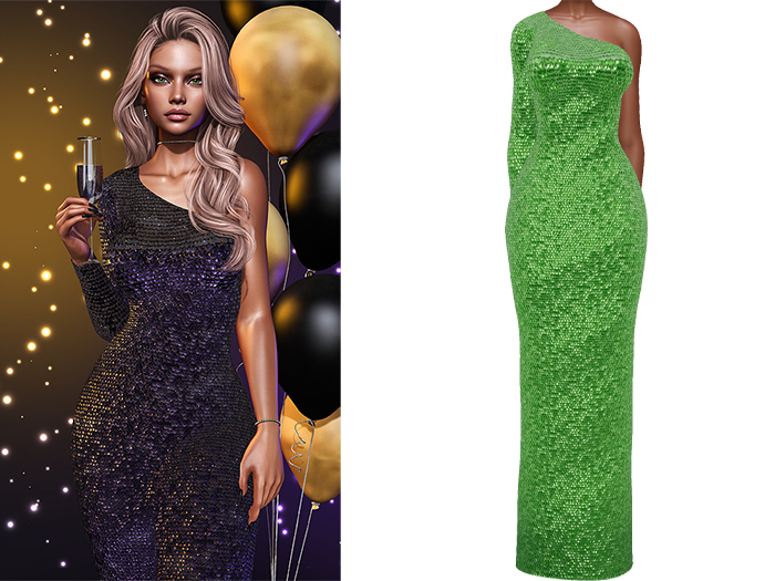 Gemma Gown [Sequin Lime Green] - Maitreya LaraX • PetiteX • eBody Reborn Long Dresses