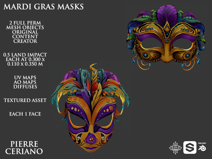 Mardi Gras masks - 0.5 LI each - 2 FULL PERM Meshes