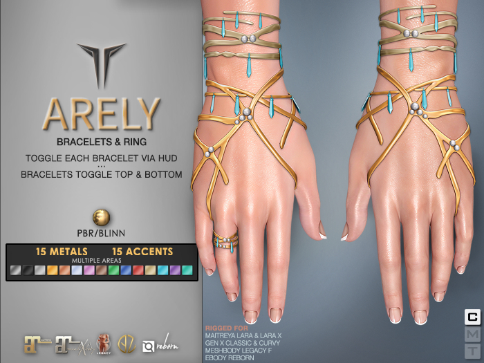 **RE** Arely Bracelets & Ring - Fit Mesh - PBR - Maitreya Lara X, GenX, Meshbody, eBODY 