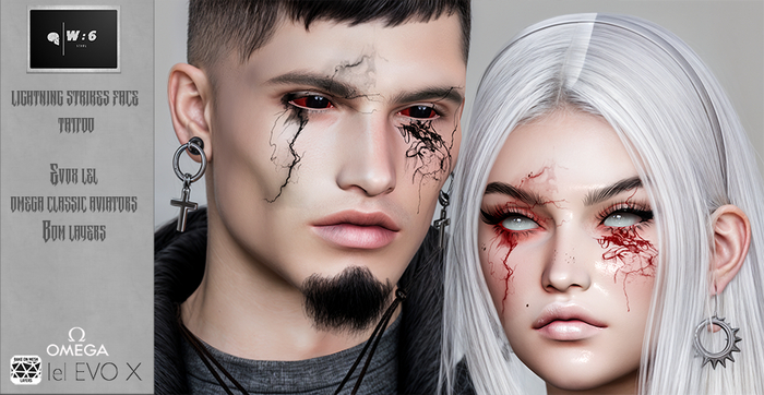 W:6 lightning strikes face tattoo