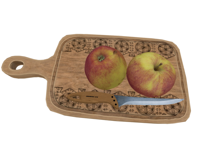 wooden cutting board with apple and knife