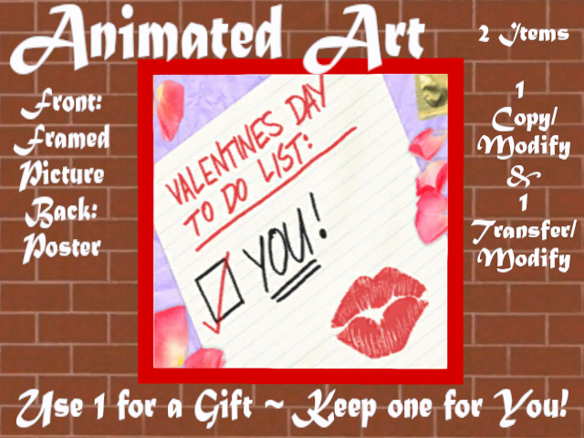VALENTINES  DAY - YOU, 3D ART ANIMATED GIF Moving Pictures & Posters home wall decor, 2 items C/M & Transfer/M, 1 Prim