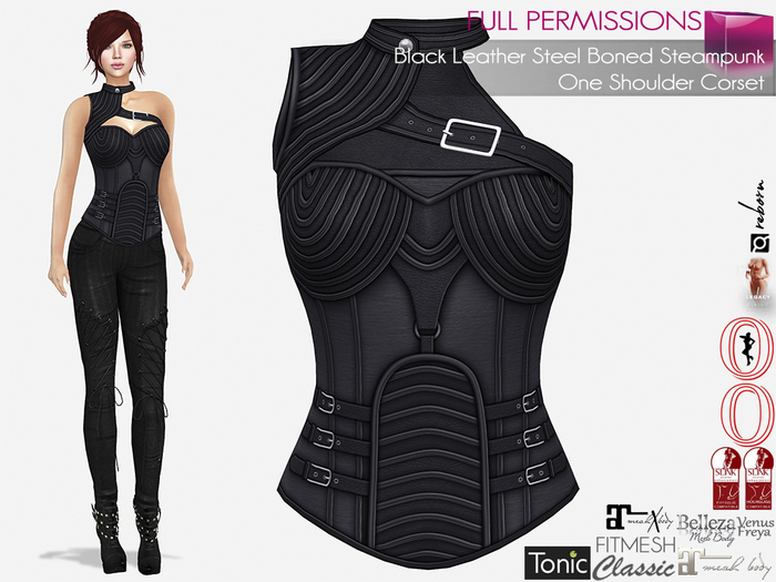Full Perm Black Leather Steel Boned Steampunk One Shoulder Corset Slink Maitreya 5.3 LaraX Belleza Ebody Reborn Legacy