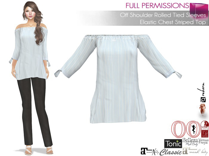 FullPerm Off Shoulder Rolled Tied Sleeves Elastic Chest Striped Top Slink Maitreya 5.3 LaraX Belleza Ebody Reborn Legacy