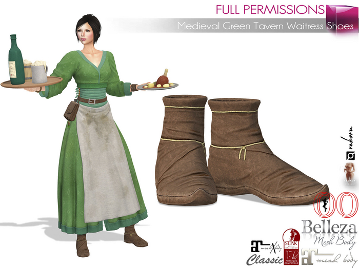 FULL PERM Medieval Green Tavern Waitress Shoes Rigged Maitreya Belleza Slink Ocacin Classic