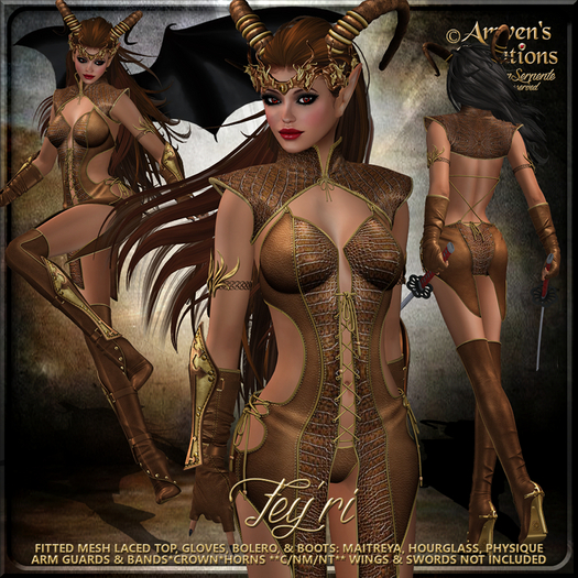 {AS} Fey'ri Fitted Mesh Outfit: Brown Crocodile; Dark Elf, Dragon Rider, Demon, Devil, Drow, Fae; Halloween; Maitreya