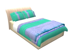 Hugs & Kisses bed - Pine with turquoise blue fabric - low prim sculpted - includes 12 couple poses