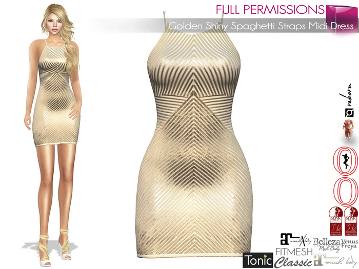 Full Perm Female Golden Shiny Spaghetti Straps Midi Dress Slink Maitreya 5.3 LaraX Belleza Tonic Ebody Reborn Legacy