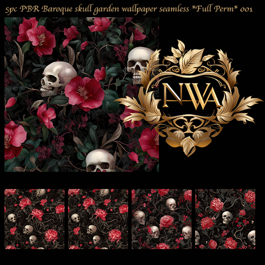 5pc PBR Baroque skull garden wallpaper texture seamless *Full Perm*   001