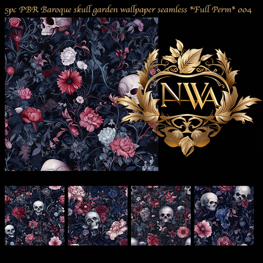 5pc PBR Baroque skull garden wallpaper texture seamless *Full Perm*   004