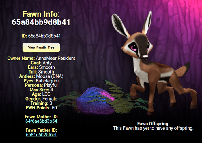 ANTY BUBBLEGUM FEMALE (MOOSE DNA) SIZE 4 Breedable Fawn Log No Food Necessary!