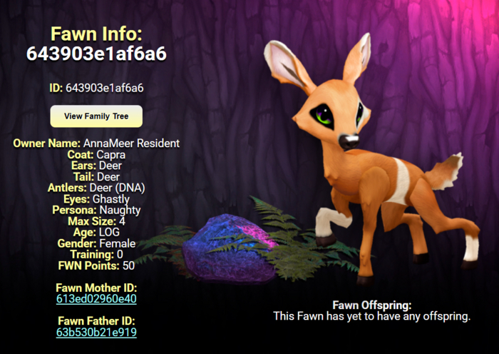 CAPRA GHASTLY FEMALE (DEER DNA) SIZE 4 Breedable Fawn Log No Food Necessary!