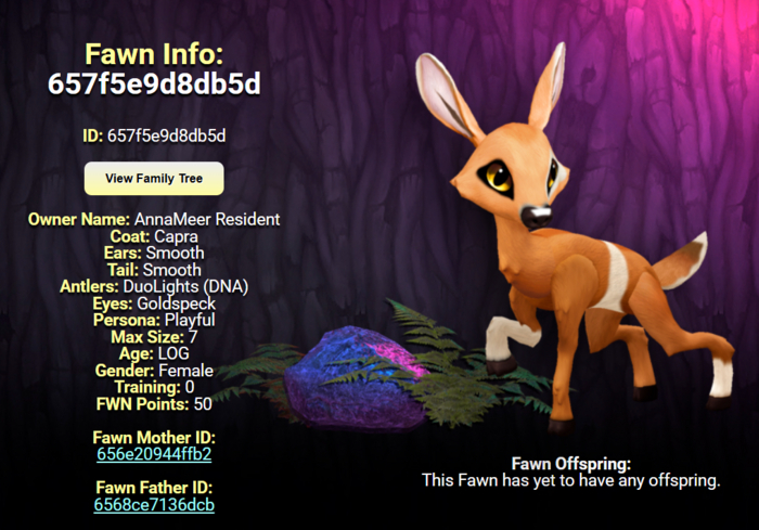 CAPRA GOLDSPECK FEMALE (DUO LIGHTS DNA) SIZE 7 Breedable Fawn Log No Food Necessary!