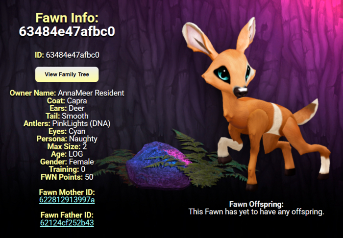 CAPRA CYAN FEMALE (PINK LIGHTS DNA) SIZE 2 Breedable Fawn Log No Food Necessary!