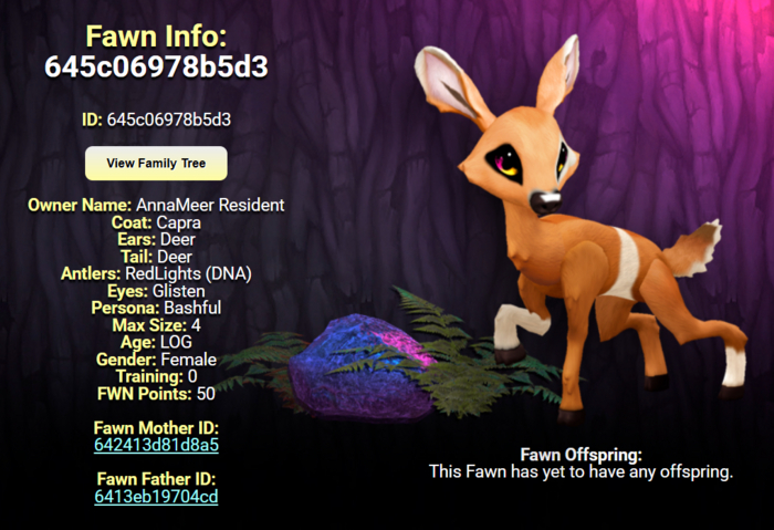 CAPRA GLISTEN FEMALE (RED LIGHTS DNA) SIZE 4 Breedable Fawn Log No Food Necessary!