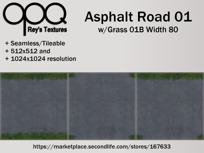 Rey's Asphalt 01 Grass 01B Width 80 - Wide Light Grey Asphalt Road Textures with Grass