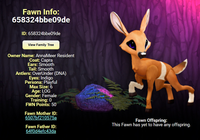 CAPRA INDIGO FEMALE (OVER UNDER DNA) SIZE 6 Breedable Fawn Log No Food Necessary!