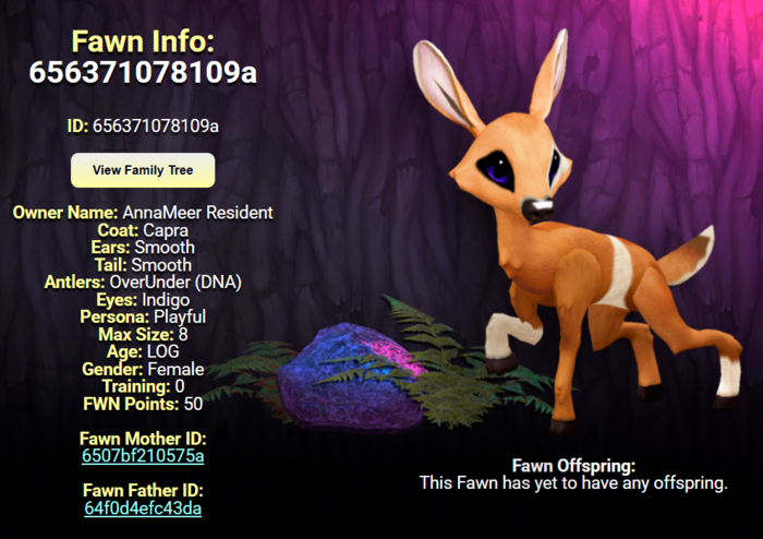 CAPRA INDIGO FEMALE (OVER UNDER DNA) SIZE 8 Breedable Fawn Log No Food Necessary!