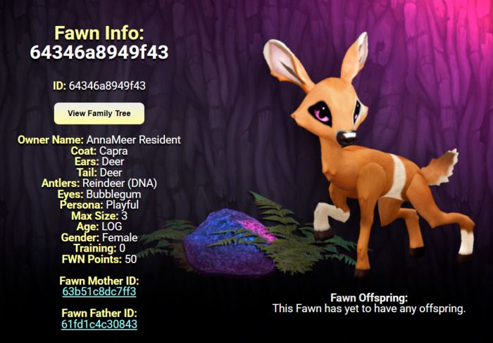 CAPRA BUBBLEGUM FEMALE (REINDEER DNA) SIZE 3 Breedable Fawn Log No Food Necessary!