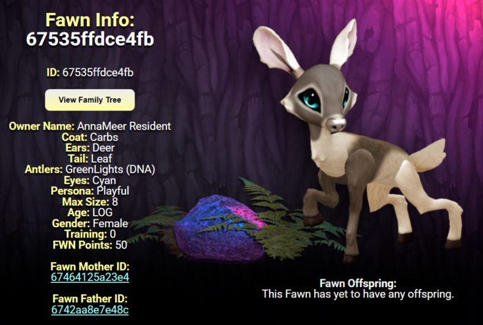 CARBS CYAN FEMALE (GREEN LIGHTS DNA) SIZE 8 Breedable Fawn Log No Food Necessary!