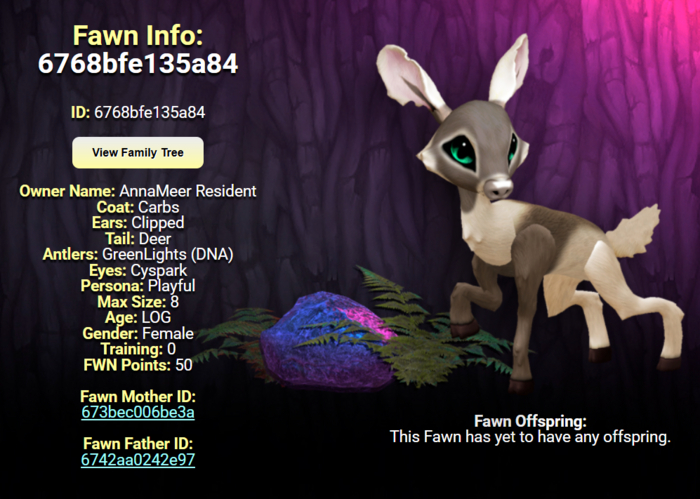 CARBS CYSPARK FEMALE (GREEN LIGHTS DNA) SIZE 8 Breedable Fawn Log No Food Necessary!