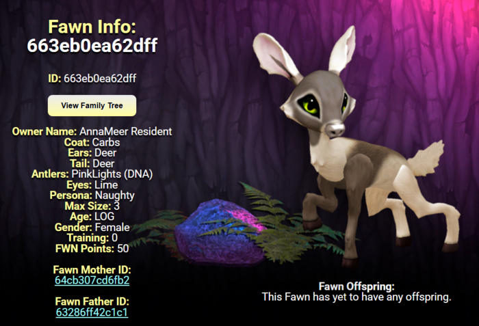 CARBS LIME FEMALE (PINK LIGHTS DNA) SIZE 3 Breedable Fawn Log No Food Necessary!