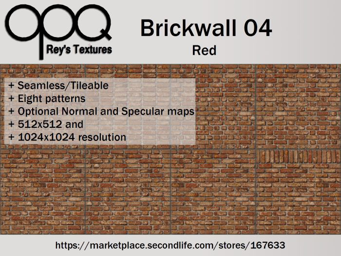 Rey's Brickwall 04 Red - Battered old brick textures, 8 patterns