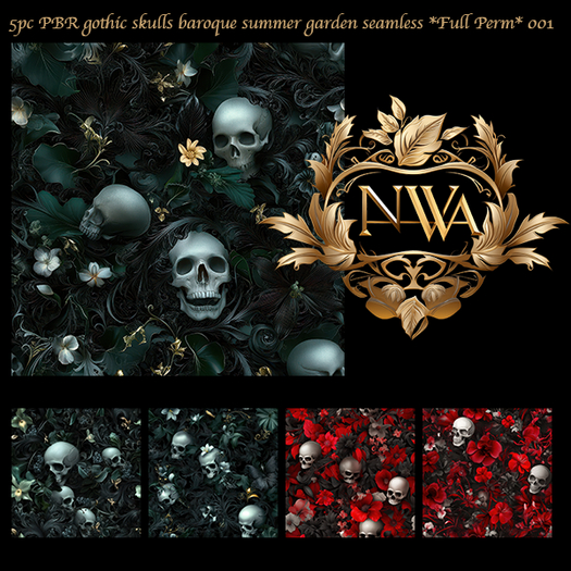 5pc PBR gothic skulls baroque summer garden texture seamless *Full Perm*   001
