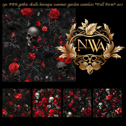 5pc PBR gothic skulls baroque summer garden texture seamless *Full Perm*  002