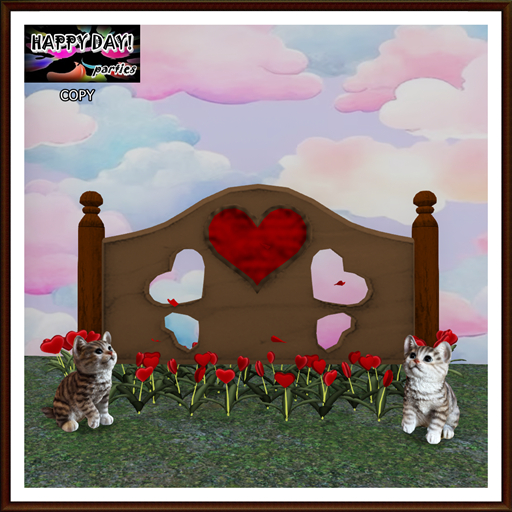Valentines - Kittens and Hearts Flying on Fence